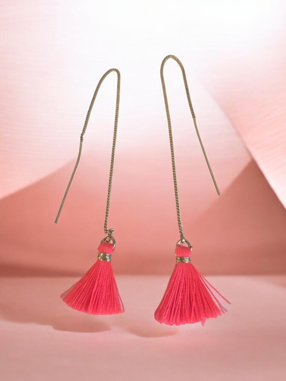 Gold Threader Earrings with Pink Tassels